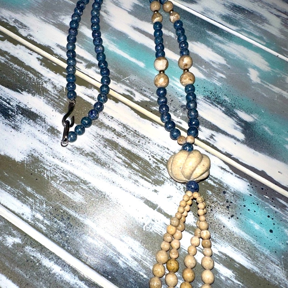 Vintage 90’s Blue and Beige Chunky Stone Beaded Necklace Long Length
